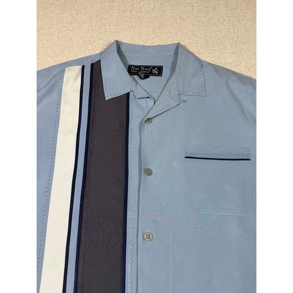 Nat Nast Men XL Blue 100% Silk Short Sleeve Button Front Camp Bowling Shirt - Picture 6 of 6